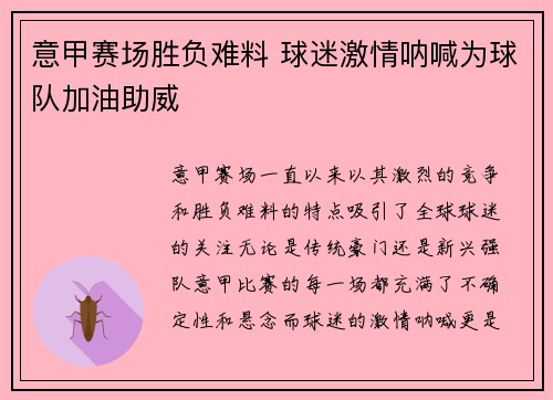 意甲赛场胜负难料 球迷激情呐喊为球队加油助威