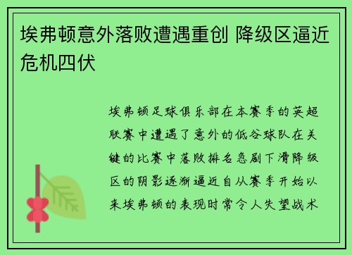 埃弗顿意外落败遭遇重创 降级区逼近危机四伏