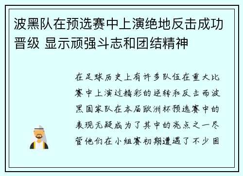 波黑队在预选赛中上演绝地反击成功晋级 显示顽强斗志和团结精神