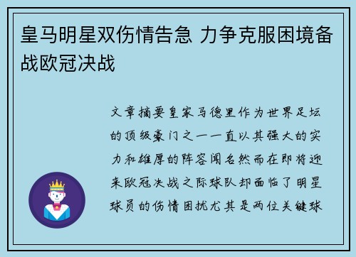 皇马明星双伤情告急 力争克服困境备战欧冠决战