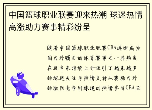 中国篮球职业联赛迎来热潮 球迷热情高涨助力赛事精彩纷呈