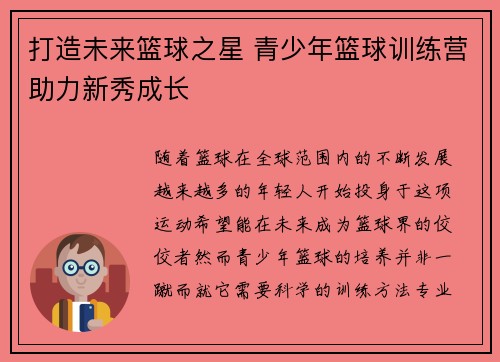 打造未来篮球之星 青少年篮球训练营助力新秀成长